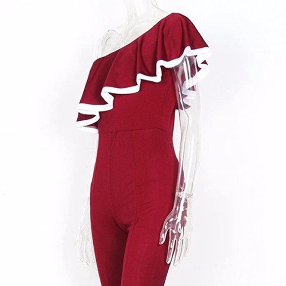 NWT One Shoulder Ruffle Bell Bottom 70s Jumpsuit. - Picture 4 of 7